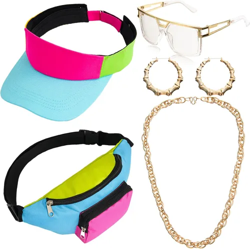 YAROMO Disfraz de hip hop para mujer, traje de los años 80 y 90, riñonera de neón, gorro, bolsa de cintura ajustable, pulsera, aretes para fiesta de