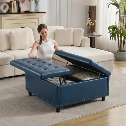 Miniatura 13 de Tbfit Banco otomano de almacenamiento cuadrado grande, mesa de centro otomana tapizada con tapa de elevación y patas de madera maciza, caja de Marrón