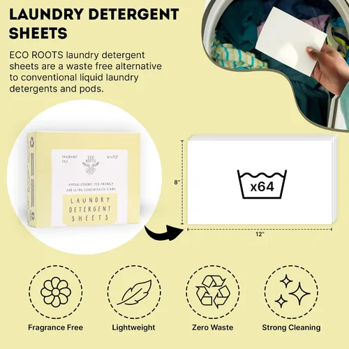 Miniatura 3 de ECO ROOTS Hojas de detergente para ropa de 64 cargas Hojas ecológicas sin perfume, detergente para ropa de tamaño de viaje sin líquido, sin