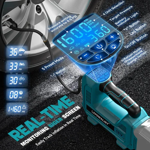 Miniatura 4 de Inflador de neumáticos inalámbrico, compresor de aire portátil, bomba de aire de neumáticos compatible con batería Makita de 18 V, bomba automática