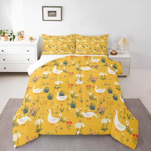 Miniatura 24 de Erosebridal Juego de ropa de cama a cuadros azul para niños, juego de cama individual con diseño de patos amarillos de dibujos animados, juego