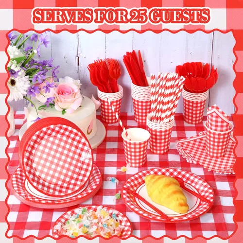 Miniatura 4 de Buryeah 205 piezas de suministros de fiesta rojos y blancos para 25 invitados, mantel a cuadros a cuadros, banderines de papel, platos, servilletas