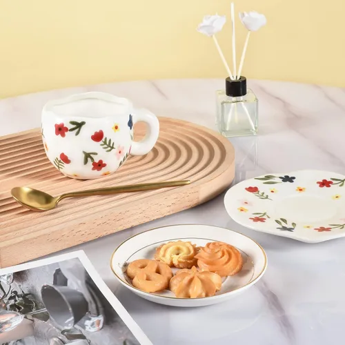 Miniatura 6 de Koythin Taza de café de cerámica, bonita taza rosa para mujer con platillo para la oficina y el hogar, apta para lavavajillas y microondas, 10
