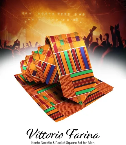 Miniatura 41 de Juego de corbata Kente con estampado africano y animal y pañuelo de bolsillo a juego