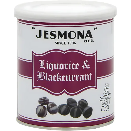 Jesmona Caramelos de regaliz y grosella negra – Caramelo duro británico de 8.8 onzas (8.8 onzas), lata de regalo redonda, bolas de regaliz