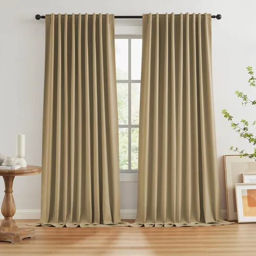 Miniatura 30 de Paneles de cortinas de ventana 100% opacas, con trabillas traseras, bolsillo para barra, gancho, cinturón, aspecto plisado, cortinas para sistema