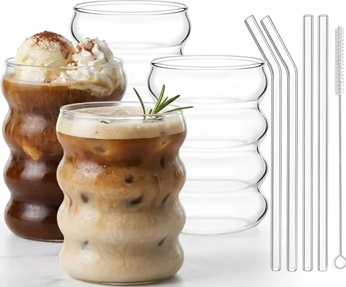 ALINK Juego de 4 vasos de vidrio acanalados para beber con pajitas, vasos de café helado estéticos de 12 onzas, vaso con burbujas onduladas,