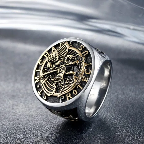 Miniatura 3 de Anillo de acero inoxidable para hombre, arcángel católico, San Miguel, talla 7-15