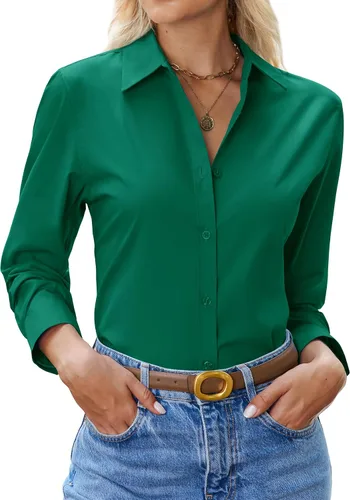 Miniatura 16 de siliteelon Camisa con botones para mujer: camisa de vestir con cuello de manga larga de algodón con botones, blusa de trabajo y oficina