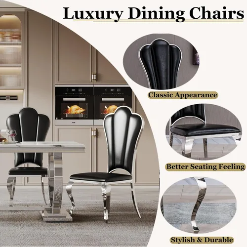 Miniatura 5 de Juego de 2 sillas de comedor de cuero, sillas de cocina tapizadas negras con respaldo alto con patas de acero inoxidable plateadas, modernas sillas