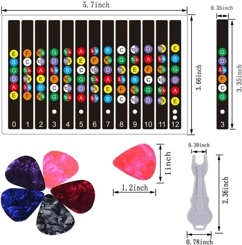 Miniatura 7 de Adhesivos para diapasón de guitarra Kimlong, calcomanías con código de colores para principiantes con mapa de trastes para práctica, para guitarras