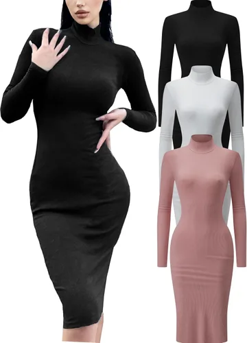 Flutnel - Vestido tubo de manga larga para mujer, 3 piezas, acanalado, cuello alto, ajustado, para trabajo, oficina, vestido midi