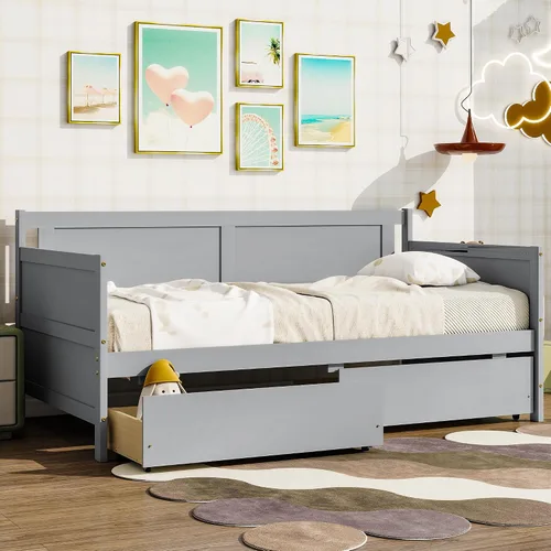 Miniatura 8 de Merax Sofá cama con nido, marco de cama de madera maciza para adolescentes y adultos, fácil montaje, no necesita somier, gris