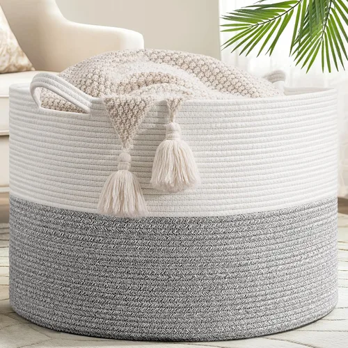 Miniatura 13 de Goodpick Cesta de manta de 65 litros, 19.7 x 12.6 pulgadas, cesta de cuerda de algodón, para sala de estar, organizadores de juguetes