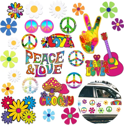 BBTO 25 Piezas Decoraciones de Imanes para Automóvil Tema Hippie de los Años 60 Calcomanías Magnéticas Imanes para Nevera Flores Paz Adhesivo