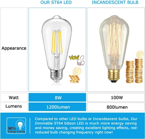 Miniatura 4 de Bombillas Edison LED vintage regulables equivalentes a 100 W, equivalente a incandescentes, 8 W 1200 lúmenes, bombilla de filamento LED con base