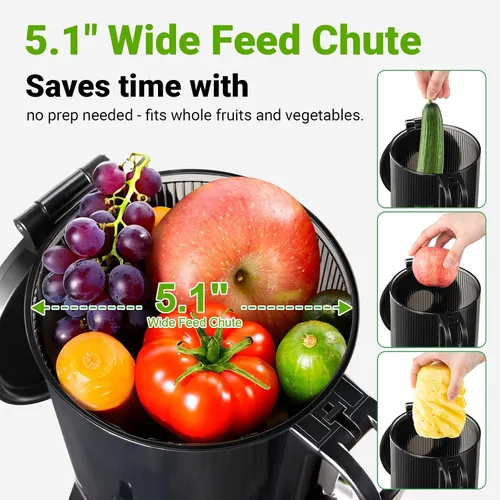 Miniatura 2 de Ventray Máquina exprimidora, exprimidor de prensa en frío con canal de alimentación extra grande de 5.1 pulgadas para verduras y frutas enteras, 250