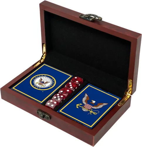 Set de regalo USN con cartas y dados | Cartas con insignias de rango | Regalos para marineros | Negocio propiedad de veteranos con discapacidad |