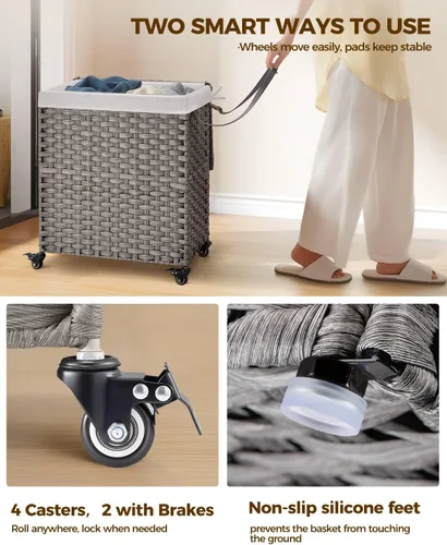 Miniatura 90 de GREENSTELL Cesta para ropa sucia con ruedas y tapa, 130 L, cesta grande de 3 secciones con 2 tipos de bolsas de forro extraíbles, 5 bolsas de malla