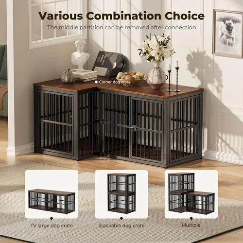 Miniatura 2 de Lyromix Mueble de jaula para perros de 33 pulgadas con 3 puertas, mesa auxiliar de jaula de madera resistente para cachorros de interior para perros
