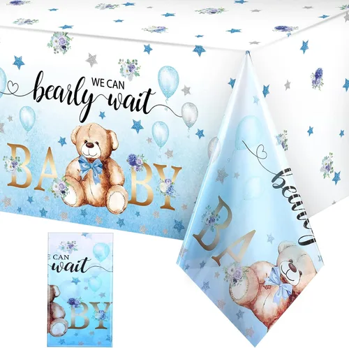 Tegeme Paquete de 1 mantel de plástico para baby shower, con diseño de oso con texto en inglés «We Can Bearly Wait», para fiestas de cumpleaños de