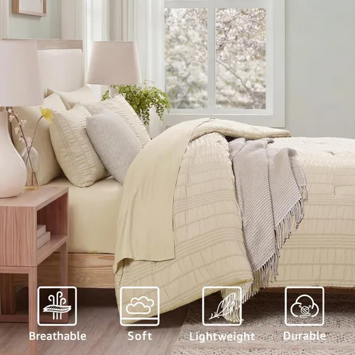 Miniatura 4 de CASAAGUSTO Juego de edredón Twin XL, 5 piezas de cama de seersucker beige en una bolsa, tamaño Twin, suave para todas las estaciones, juegos de ropa