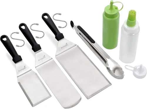 Miniatura 8 de Juego de espátulas de metal para hamburguesas de acero inoxidable, espátula para parrilla de barbacoa, parte superior plana Juego de mango de madera