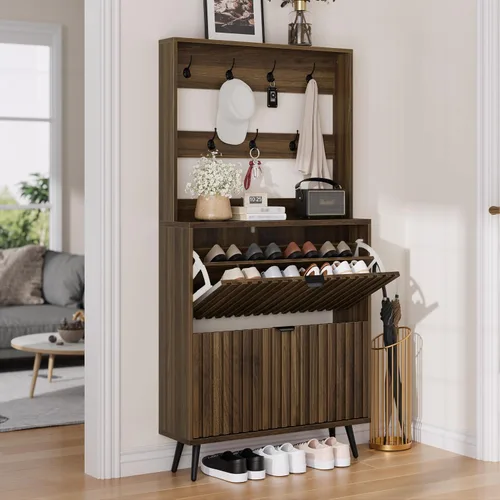 Miniatura 13 de Smuxee Armario de zapatos con 2 cajones abatibles, gabinete de almacenamiento de zapatos oculto natural de 23.6 pulgadas con diseño estriado