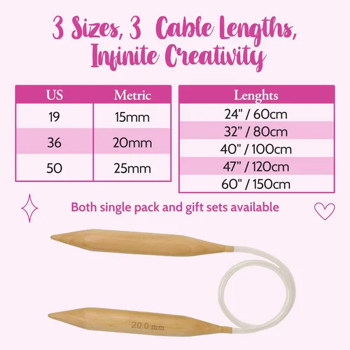 Miniatura 3 de KnitPal - Agujas de tejer circulares de roble grueso de 60 pulgadas (150 cm) con cable, tamaño 50 - Agujas de tejer grandes para hilo grueso