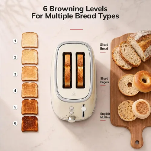 Miniatura 5 de Tostadoras de 2 rebanadas de acero inoxidable retro con bagel, función de cancelar, descongelar y 6 ajustes de tostado de pan, tostadora de bagel