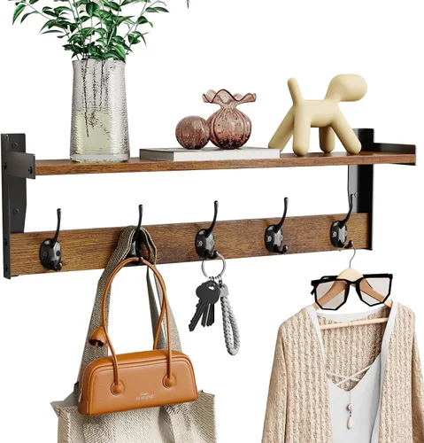 Miniatura 10 de Ganchos de pared con estante, perchero de madera con estante montado en la pared, estantes colgantes de entrada con 5 ganchos de metal para ropa