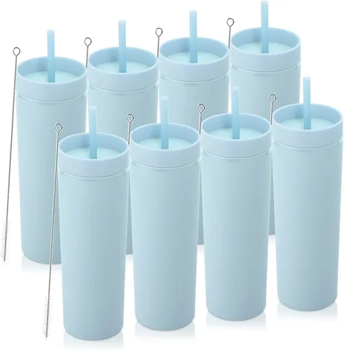 Miniatura 21 de Volhoply Paquete a granel de 4 vasos delgados de plástico de 20 onzas, vaso de doble pared con tapa y popote, taza reutilizable de viaje para café