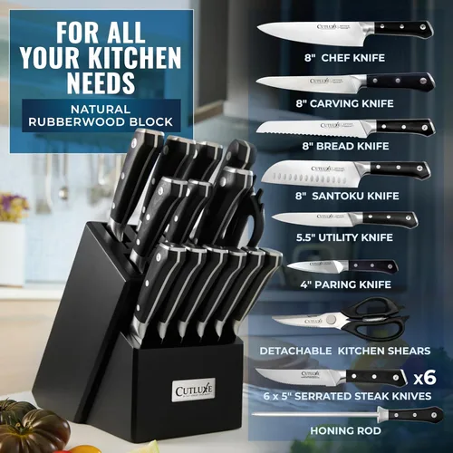 Miniatura 2 de Cutluxe Juego de 15 cuchillos – Bloque de madera negra premium – Juego de cuchillos para cocina, acero inoxidable alemán de alto carbono ultra Negro