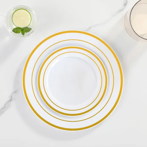 Miniatura 5 de AOZITA Juego de 200 piezas de platos de plástico dorados, platos desechables resistentes para fiesta y boda, incluye 100 platos de cena y 100 platos