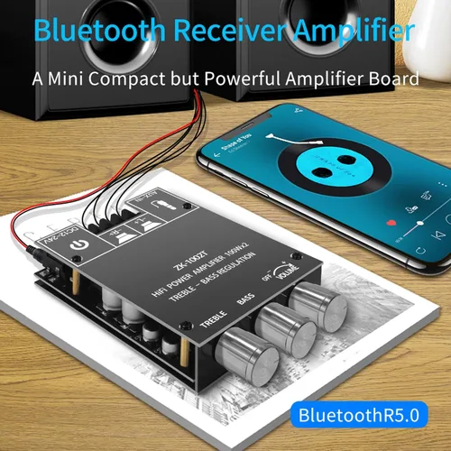 Miniatura 7 de ZK-1002T Placa de amplificador Bluetooth de 100 W+100 W con control de agudos y graves, placa de amplificador de audio estéreo mini de 2.0 canales
