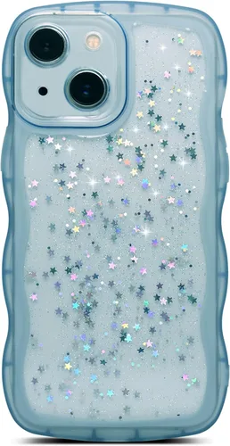 Miniatura 87 de Qokey Funda para iPhone 12 Pro Max de 6.7 pulgadas, diseño de onda rizada, borde transparente, brillante con purpurina, estrella brillante, bonita