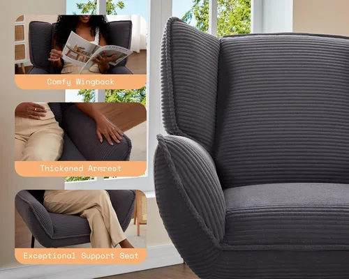 Miniatura 4 de AMERLIFE Silla decorativa, silla tapizada para sala de estar con respaldo alto, sillón de lectura gris para dormitorio, cómoda silla de pana