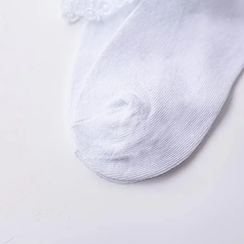 Miniatura 6 de 2 pares de calcetines de primera comunión con perlas de lazo blanco con volantes para bautizo, calcetines de bautismo con capas de encaje para bebé