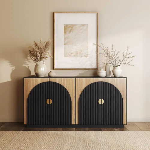 Miniatura 7 de BELLEZE Armario de buffet estriado de 65 pulgadas con almacenamiento, aparador simétrico con acento de arco para comedor, cocina y sala de estar