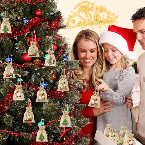 Miniatura 6 de JUNEBRUSHS Bolsas de arpillera de Navidad con cordón, paquete de 20 bolsas de regalo de Navidad, bolsas de golosinas, lindas bolsas de regalo