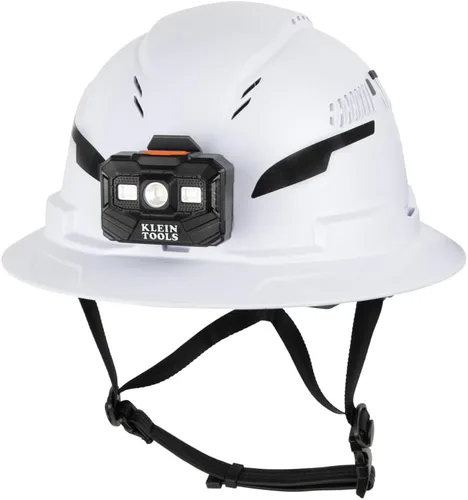 Klein Tools Type 2 Hard Hat, Vented Full Brim, Class C, 6-Point Suspension with Accessory Mounts, Washable Padding, and Rechargeable Headlamp