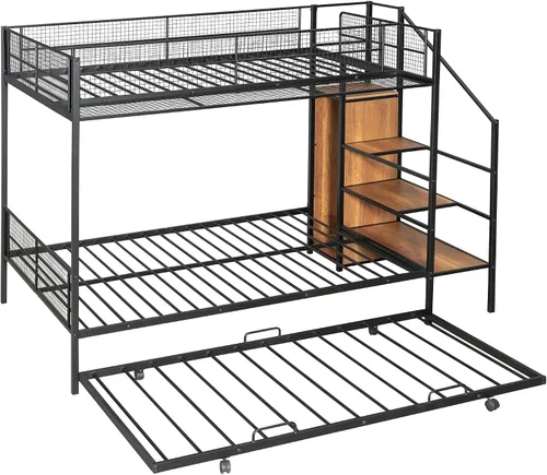 Miniatura 9 de Litera de metal individual sobre cama matrimonial con nido y escalera de almacenamiento lateral y armario, color negro