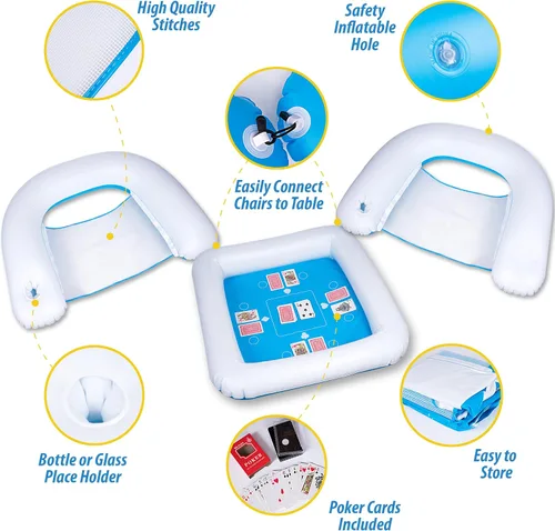 Miniatura 4 de ZONETECH Mesa de juego inflable y sillas con cartas de juego impermeables, mesa flotante para piscina para adultos, familia, fiesta, juego