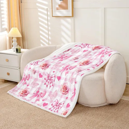 Miniatura 3 de Manta de franela con lazo rosa, manta de vellón con lazo en acuarela para decoración del hogar, sofá, sofá, manta de forro polar kawaii de dibujos