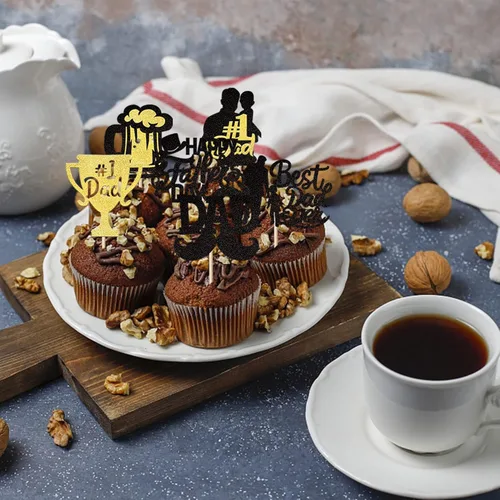 Miniatura 7 de Paquete de 24 adornos para cupcakes con purpurina para el Día del Padre, con purpurina para el mejor papá del mundo, sombrero de bigote #1
