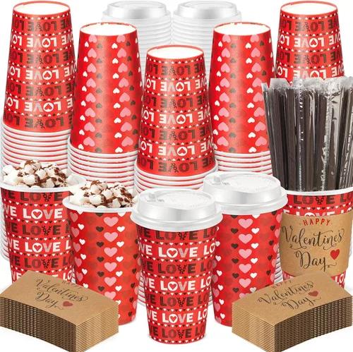 Miniatura 9 de Ziliny 100 juegos de tazas de papel de Navidad con manga y tapa con pajita, tazas de chocolate caliente y cacao para fiestas de Navidad, suministros