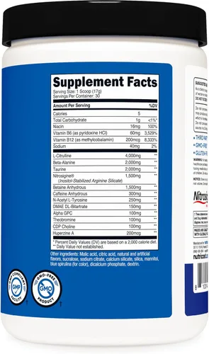 Miniatura 5 de Nutricost Pre-X Xtreme - Complejo de polvo para pre-entrenamiento, frambuesa azul, 30 porciones, vegetariano, sin OMG y sin gluten