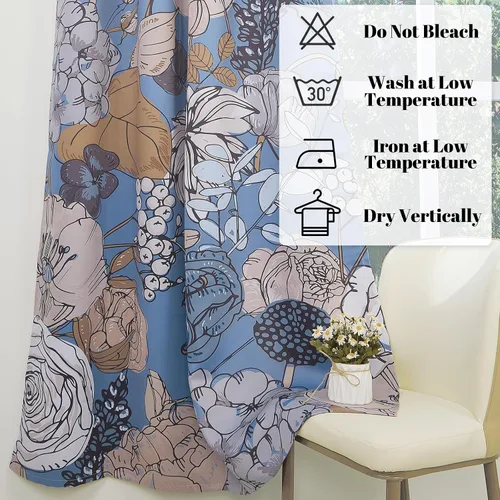 Miniatura 3 de Cortinas opacas florales bohemias azules para dormitorio, cortinas opacas botánicas de mediados de siglo de 63 pulgadas de largo, 2 paneles
