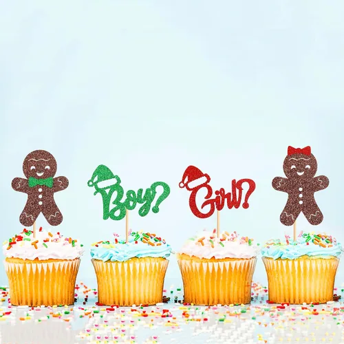 Miniatura 6 de Ercadio Paquete de 24 adornos de jengibre para cupcakes de niño o niña para Navidad, adornos de jengibre de Navidad para cupcakes de niño o niña