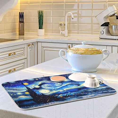 Miniatura 6 de Vnurnrn Tapete de secado nocturno de platos estilo Van Gogh para encimera de cocina, tapete escurridor de platos de microfibra, absorbente de secado